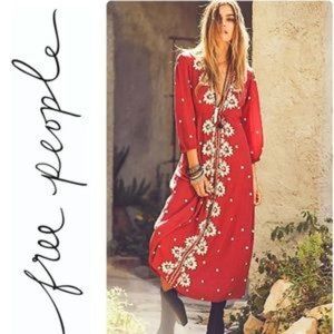 Free People Revolve Fable Embroidered Boho V Midi Dress in Rock n Roll Red Combo